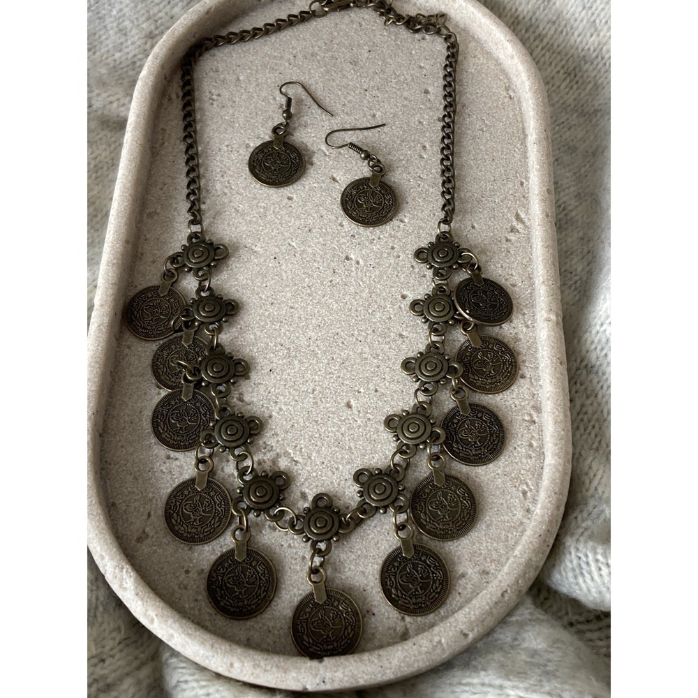 Bronze Tone Coin Necklace & Earrings Set Boho Tribal Statement Festival Charms